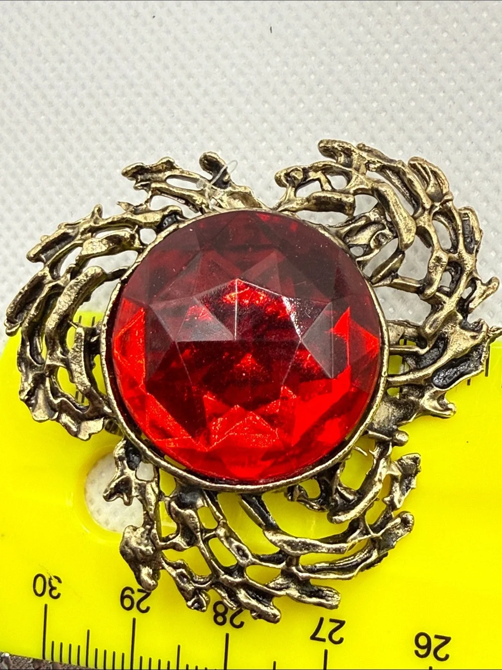 Faceted Antique-Style Red Stone Brooch in Aged Gold Tone metal brutalist dome